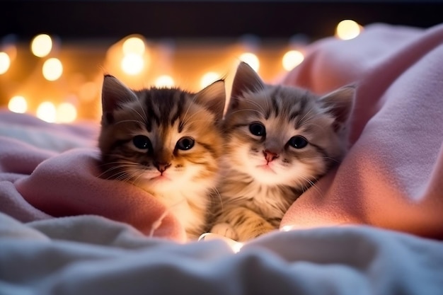 Adorables gatitos en una manta en la cama por la noche IA generativa