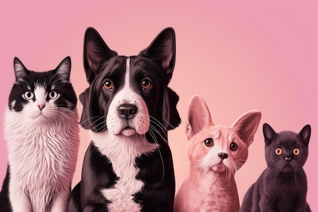 Adorables gatos y perros sobre un fondo rosa con espacio para copiar Animales maravillosos