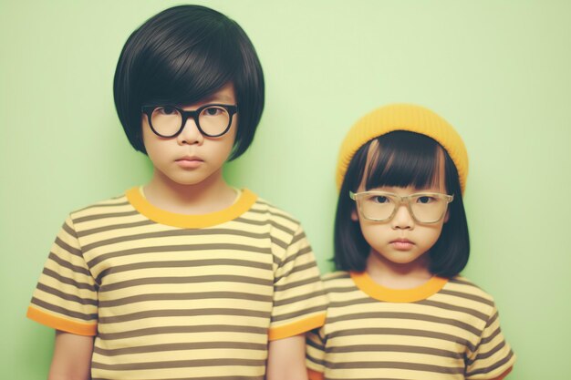 Adorables hermanos asiáticos con trajes a rayas y gafas de pie contra un fondo verde suave con una expresión seria