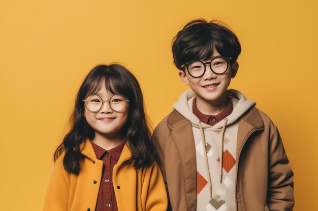 Adorables hermanos con elegantes trajes de otoño y grandes gafas posando con sonrisas lúdicas contra un fondo amarillo vibrante