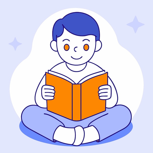 Adorables ilustraciones al estilo de dibujos animados con niños leyendo libros con expresiones felices azul