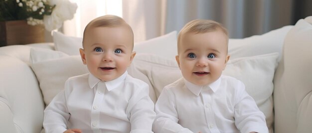 Foto adorables niños idénticos con oídos claros y ojos azules