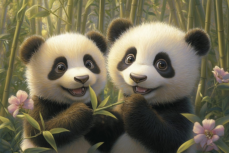 Foto adorables pandas en un bosque de bambú papel tapiz 3d