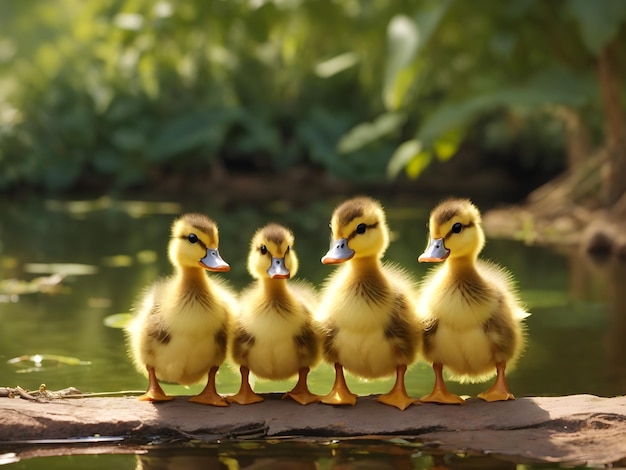 Adorables patitos en fila contemplando el estanque