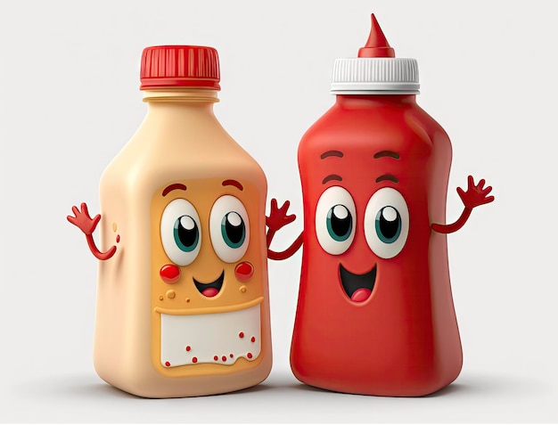 Foto adorables personajes de dibujos animados de botellas de ketchup y mayonesa sobre fondo blanco para el diseño de envases