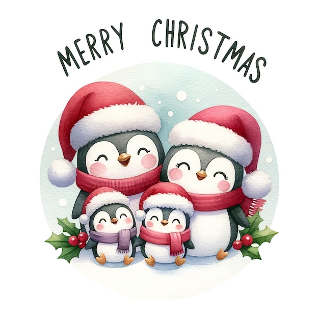 Adorables pingüinos vestidos de invierno parados junto con acebo y copos de nieve Cita de Feliz Navidad