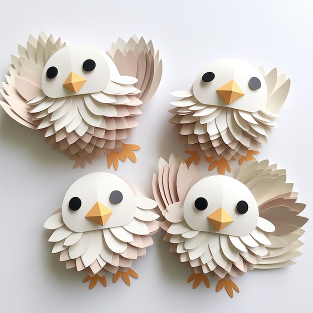Adorables pollitos estilo papel en capas sobre un fondo blanco limpio