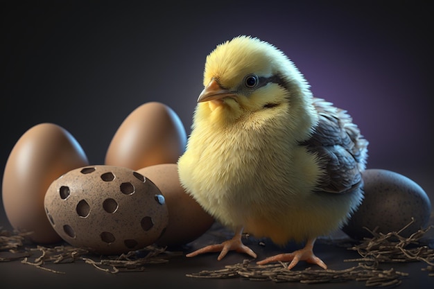 Adorables pollitos de pollo con huevos de Pascua en una canasta