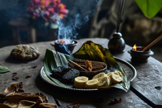 La adoración india de Puja con hojas de plátano, dulces e incienso