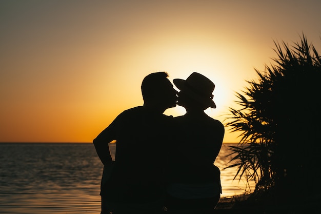 Adorado por una pareja enamorada a la orilla del mar que se disfruta al atardecer