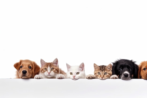 Adoráveis caninos e felinos em uma web branca ou banner de mídia social com patas penduradas