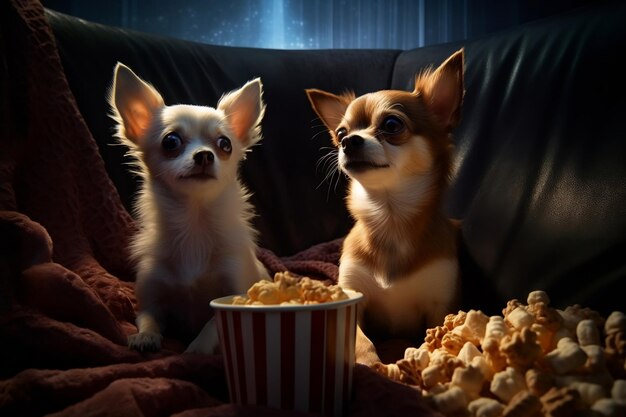 Adoráveis chihuahuas absortos em um filme gerado Ai