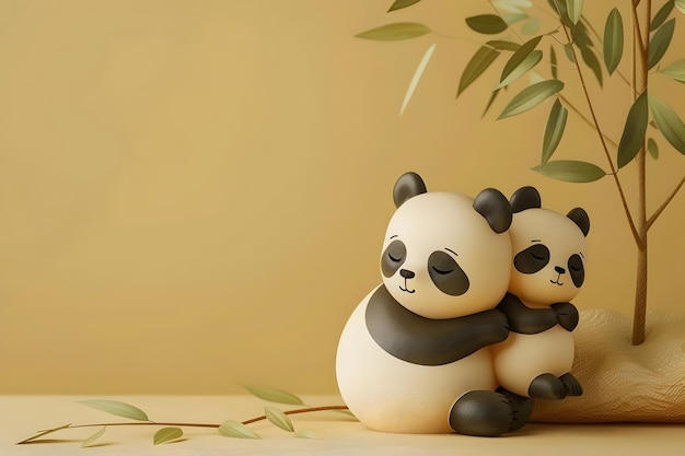 Adoráveis figuras de pandas renderizadas em 3D se abraçando com folhas de bambu e fundo bege