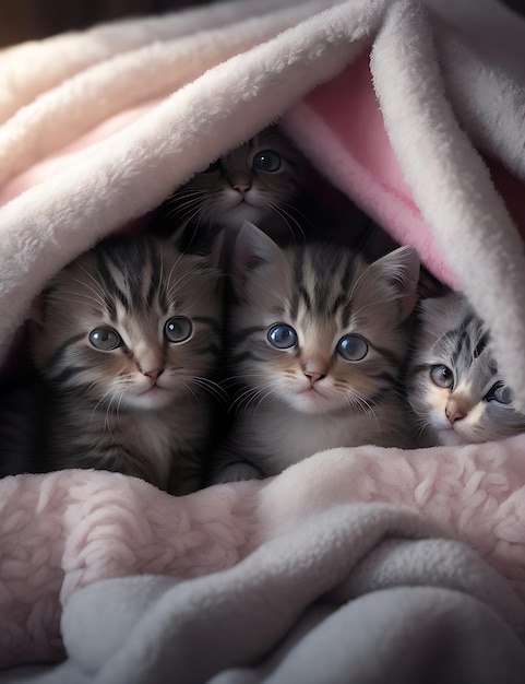 Adoráveis gatinhos aconchegados em aconchegante cobertor forte
