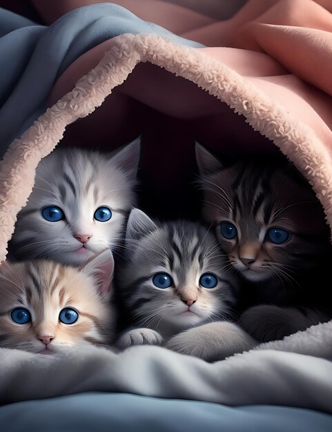Adoráveis gatinhos aconchegados em aconchegante cobertor forte