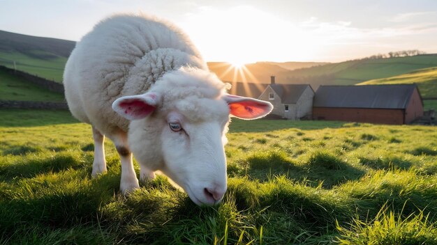 Adoráveis ovelhas brancas com orelhas cor-de-rosa no norte da Inglaterra