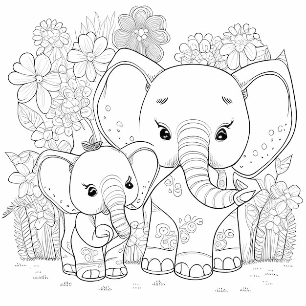 Adoráveis pais elefantes livro de coloração preto e branco para crianças