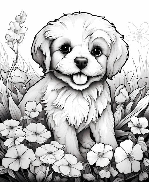 Adoráveis patas e pétalas AnimeStyle Cão com flores Página para colorir para crianças