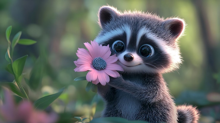 Foto adorável 3d cute baby raccoon segurando uma flor rosa pastel