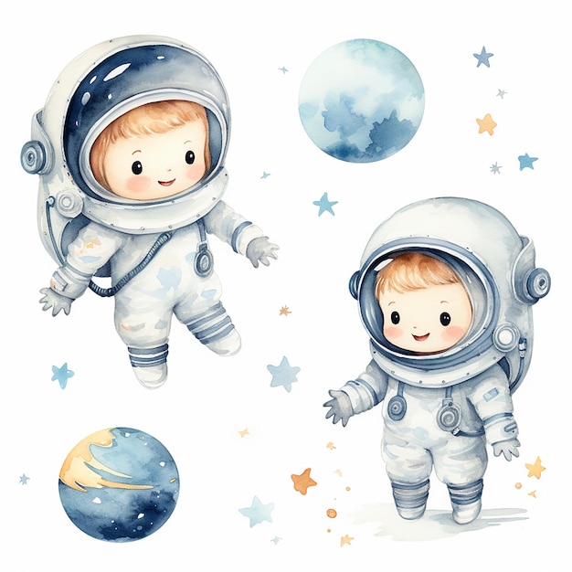 Adorável Aquarela Astronauta no Espaço Aquarela Clipart Set