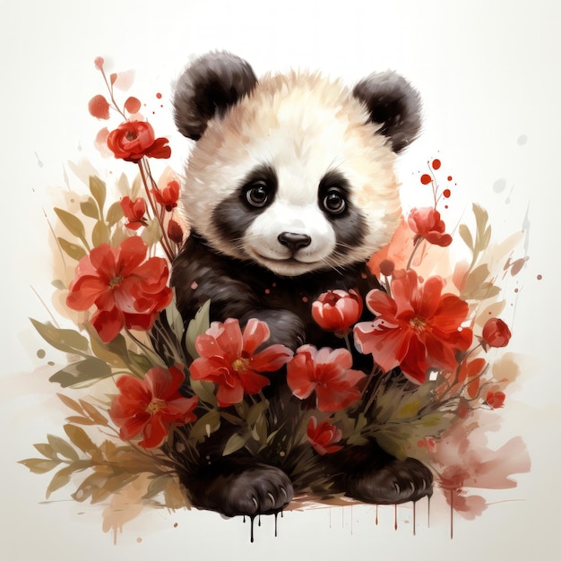 Adorável aquarela clipart de um bebê panda feliz com flores vermelhas geradas por IA