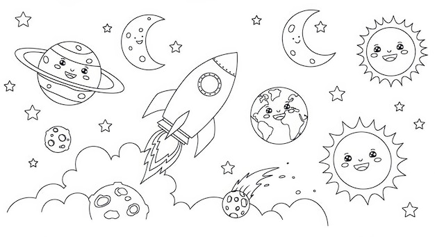 Adorável Aventura de foguete espacial Página de colorir Planetas Estrelas e luas