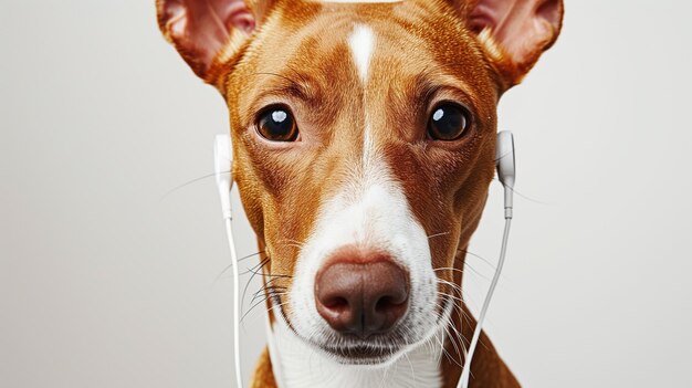 Adorável basenji cão em música negra em seus fones de ouvido close-up tiro isolado em branco