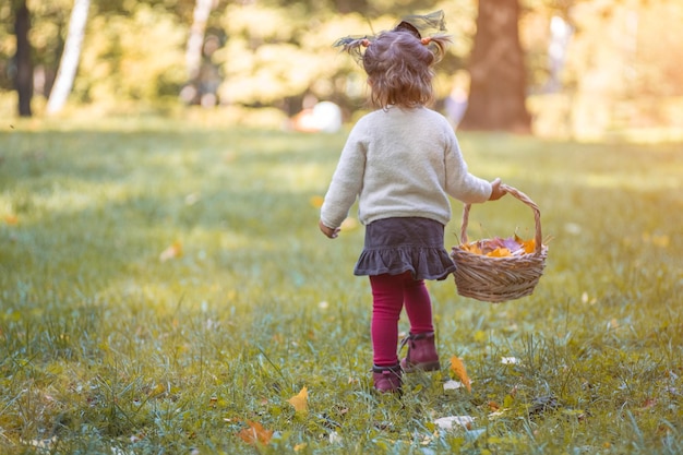 Adorável bebê caminhando no parque com uma cesta de folhas amarelas de outono, criança fantasiada de bruxa