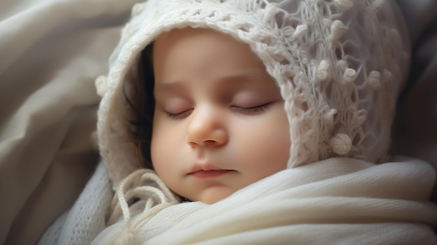 Adorável bebê dormindo em gorro de malha embrulhado em cobertor macio fechado Criança recém-nascida calma cochilando