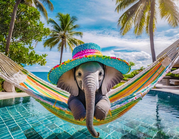 Foto adorável bebê elefante com colorido chapéu de palha relaxando em uma hamaca ao lado da piscina