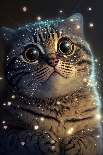 Adorável bebê gato com olhos de lagarto de olhos grandes com luzes brilhantes cintilantes e estrelas refletidas em seus olhos