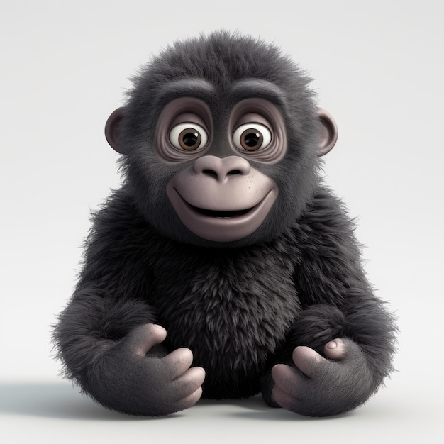 Adorável bebê gorila com um sorriso estilo Pixar e olhos grandes
