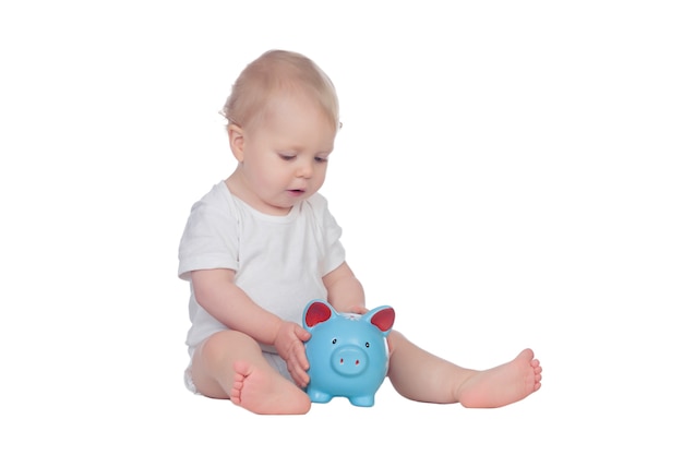 Adorável bebê loiro na cueca com um moneybox azul