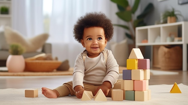 Adorável bebê preto brincando com blocos de construção empilhados em casa enquanto está sentado no tapete na sala de estar