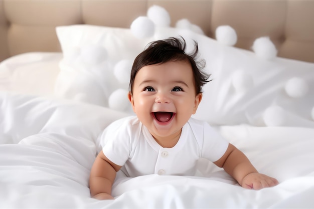 Adorável bebê rindo e brincando na cama