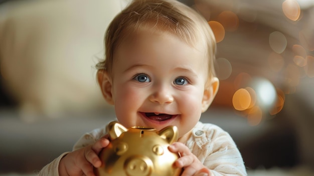 Foto adorável bebê sorridente segurando um coelho de poupança de ouro