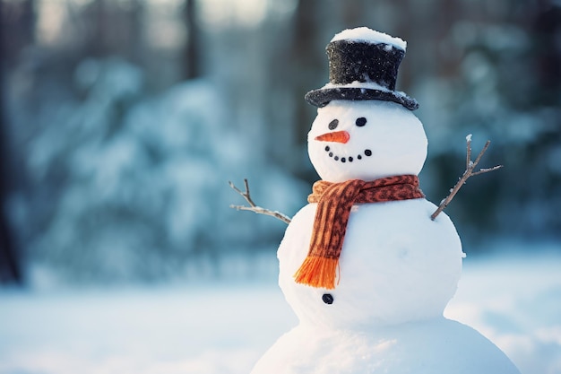 Adorável boneco de neve sorridente ao ar livre num dia de inverno