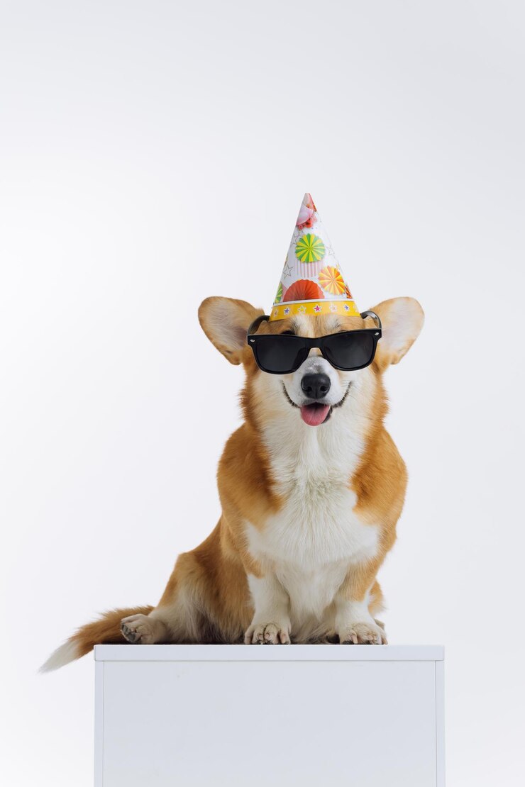 Foto adorável bonito welsh corgi pembroke usando boné de aniversário e óculos de sol sentado no fundo branco raça mais popular do conceito de publicidade de cães