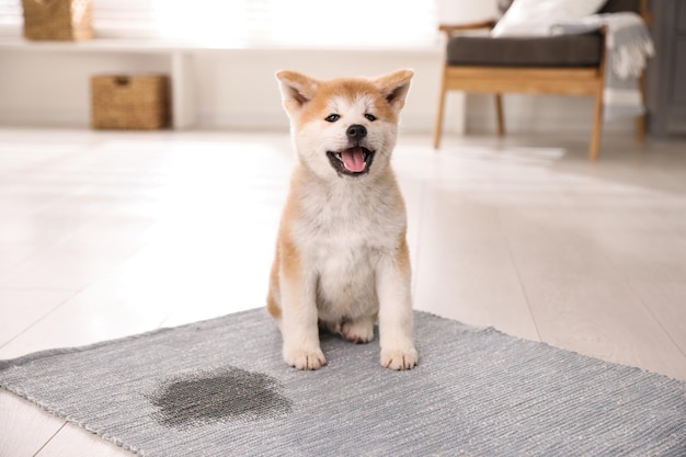 Adorável cachorrinho akita inu perto de poça no tapete em casa