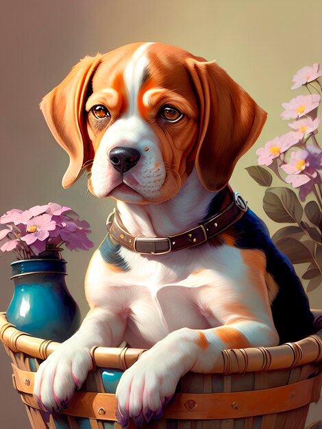 adorável cachorrinho beagle senta-se em flores e uma cesta de vime.