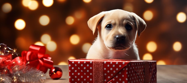 Adorável cachorrinho de labrador em caixa de presente com fundo de férias festivas retrato de animal de estimação de Natal alegre