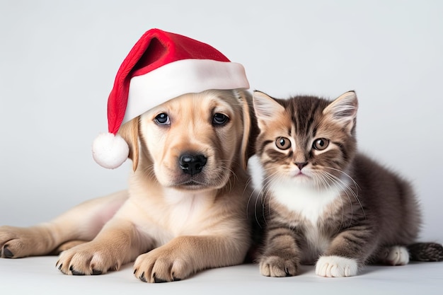 Adorável cachorrinho e gatinho usando chapéus de Papai Noel em um pano de fundo branco Generative AI