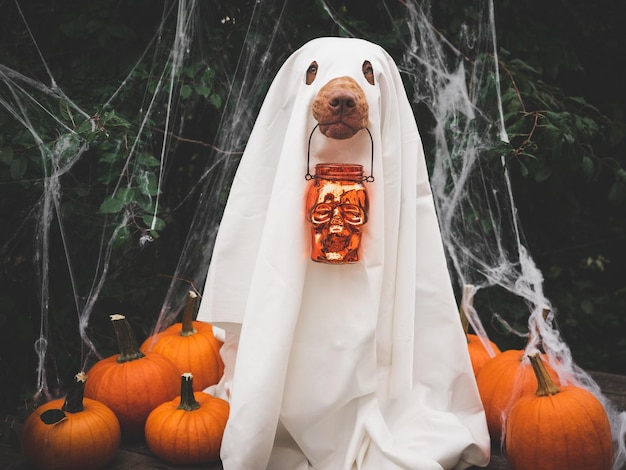 Foto adorável cachorrinho marrom e fantasia de fantasma