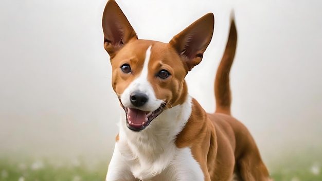 Adorável cachorro basenji castanho e branco sorrindo e dando um high five isolado em branco