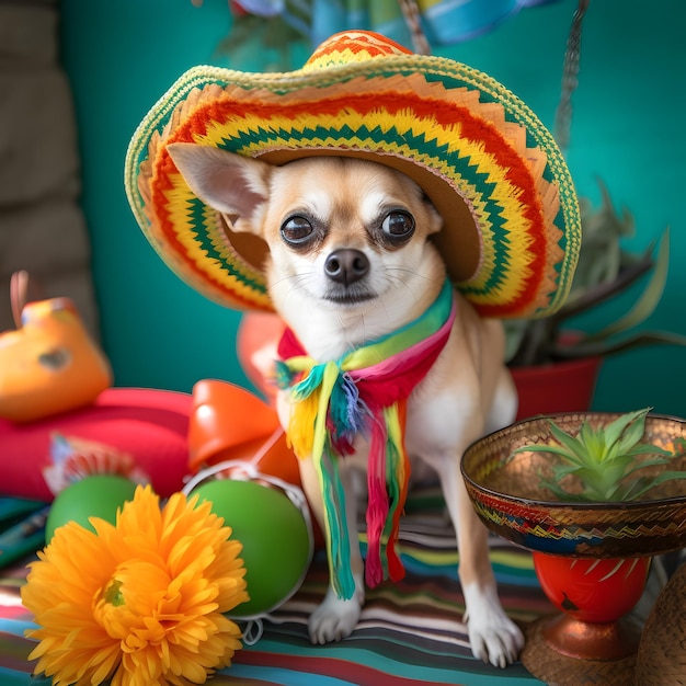 Adorável cachorro chihuahua com chapéu sombrero mexicano Happy Cinco De Mayo fashion