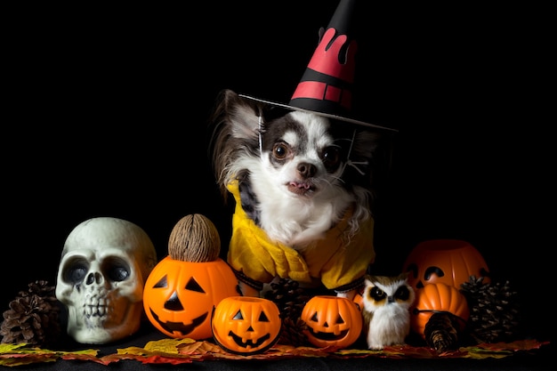 Adorável cachorro chihuahua usando um chapéu de bruxa de Halloween e segurando uma abóbora em fundo escuro. Feliz Dia das Bruxas.