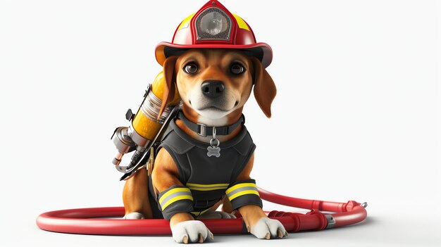 Foto adorável cão 3d vestido de bombeiro pronto para salvar o dia com o capacete e a mangueira na mão este cão corajoso traz charme e heroísmo para qualquer projeto perfeito para livro infantil