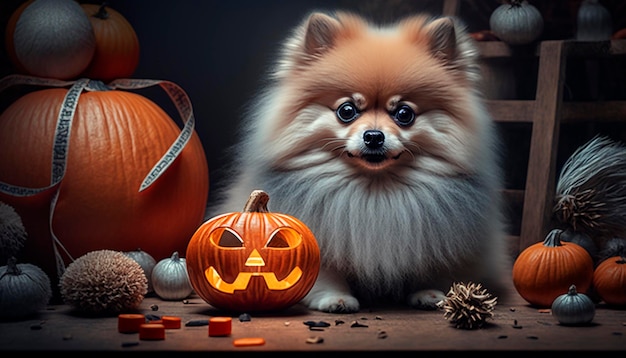 Adorável cão da Pomerânia posando com uma abóbora de Halloween