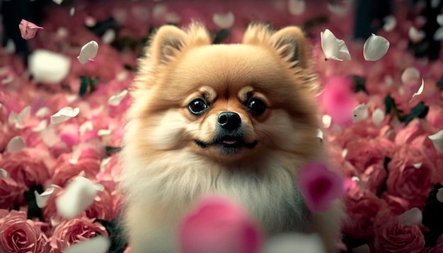 Adorável cão da Pomerânia sentado em um mar de pétalas de rosa