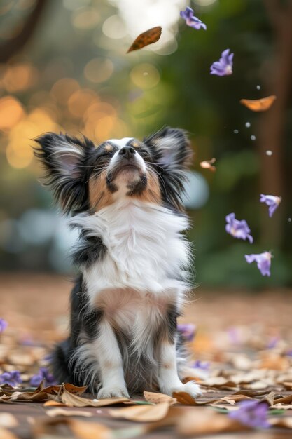 Foto adorável cão de cabelo longo observando folhas e pétalas de flores caindo em uma serena paisagem de outono